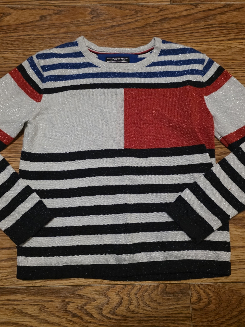 Tommy Hilfiger Sparkle Striped Crewneck in Red, Blue, Black & White